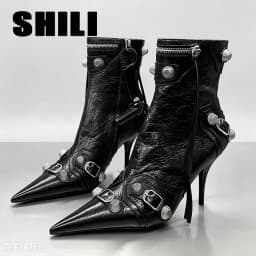 Pointed‑Toe High Heel Ankle Boots for Women Punk Rivet Metal Buckle Decor Thin Heel Short Boots Party Evening Leather Shoes