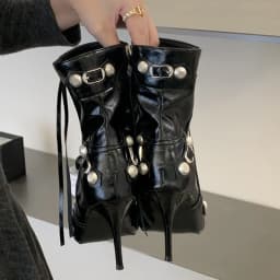 Pointed‑Toe High Heel Ankle Boots for Women Punk Rivet Metal Buckle Decor Thin Heel Short Boots Party Evening Leather Shoes