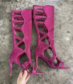2026 Women Croc-Pattern Cutout Sandal Boots Open Toe Stiletto Gladiator Knee High Boots Back Zipper Hollow Out Snake Skin Party