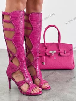 2026 Women Croc-Pattern Cutout Sandal Boots Open Toe Stiletto Gladiator Knee High Boots Back Zipper Hollow Out Snake Skin Party