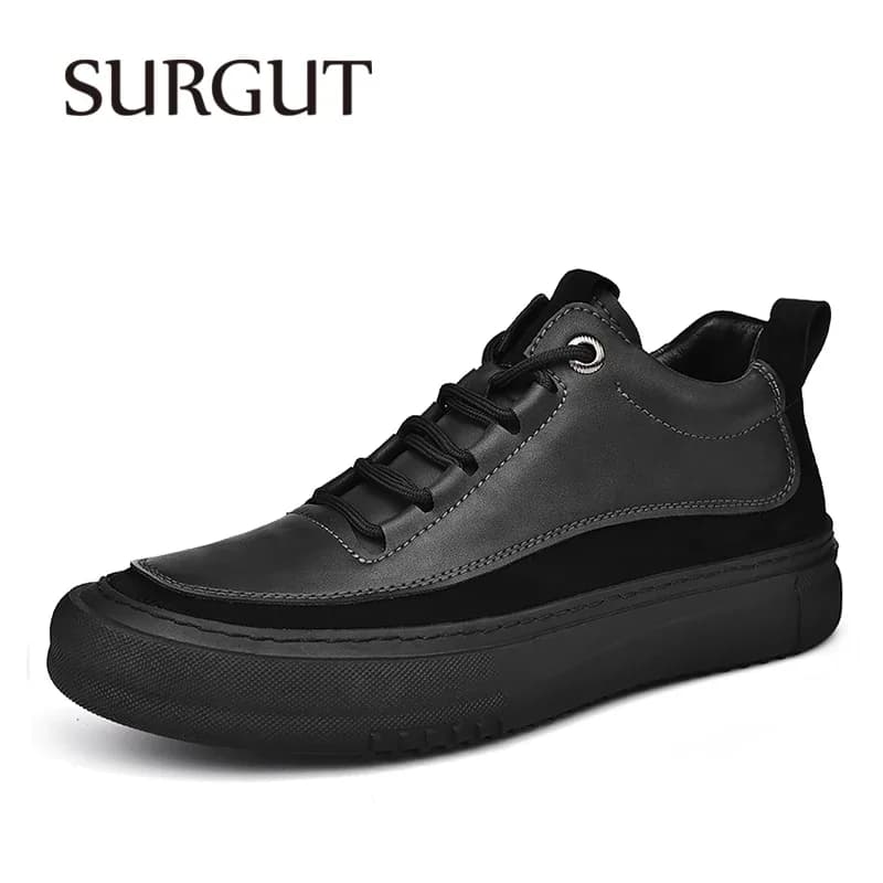 SURGUT Men's Casual Shoes Cowhide Leather Autumn Winter Non-Slip Comfortable Fashion Splicing Thick Sole Shoes Size 38-44
