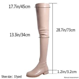 Black Low Heels Women Knee High Boots Big Size 34-46 Elastic Thigh High Boots Round Toe Pu Comfortable Shoes