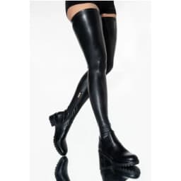 Black Low Heels Women Knee High Boots Big Size 34-46 Elastic Thigh High Boots Round Toe Pu Comfortable Shoes