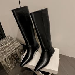 Arden Furtado Autumn Cowhide Black Knee High Boots for Women Square-Head Chunky Heels Riding Boots Simple Style Large Size