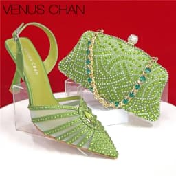 2026 Elegant Fruit Green Women's Heels and Rhinestone Handbag Set - Italian Design for Weddings and Parties