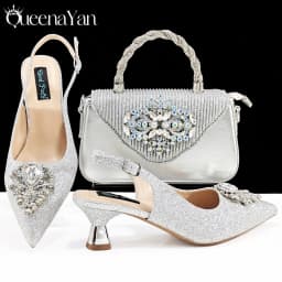 QSGFC Italian Design Magenta Color Pointed Toe Shoe & Bag Set Rhinestone Luxury Women's High Heels for Party Wedding