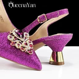 QSGFC Italian Design Magenta Color Pointed Toe Shoe & Bag Set Rhinestone Luxury Women's High Heels for Party Wedding