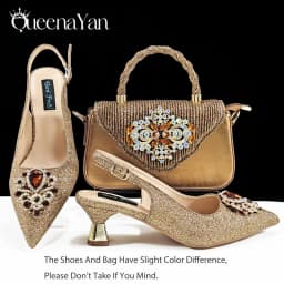 QSGFC Italian Design Magenta Color Pointed Toe Shoe & Bag Set Rhinestone Luxury Women's High Heels for Party Wedding