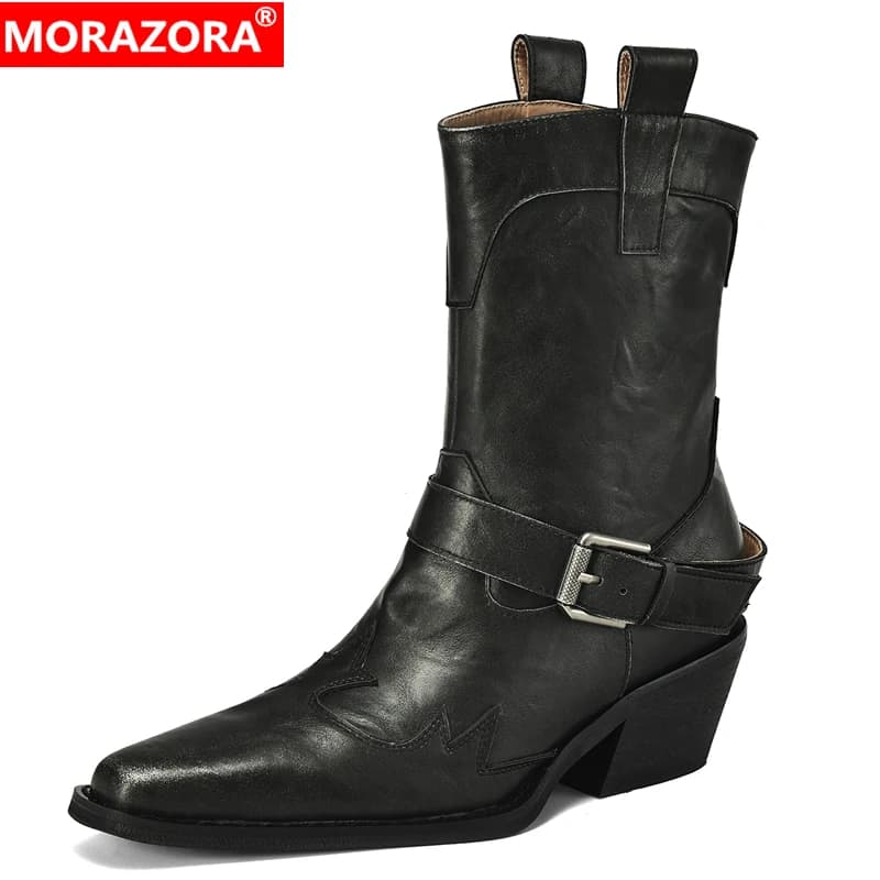 MORAZORA 2025 New Genuine Leather Boots Women Pointed Toe Buckle Wedges Heels Ankle Boots Cowboy Western Boots Ladies Shoes