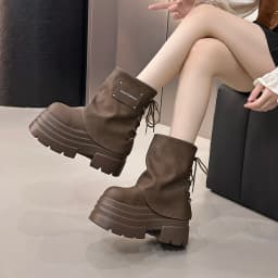 10CM Women Chunky Motorcycle Boots Autumn Hidden Heels Leather Sneakers Winter Waterproof Snow Boots High Platform Short Boots