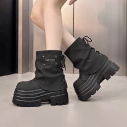 10CM Women Chunky Motorcycle Boots Autumn Hidden Heels Leather Sneakers Winter Waterproof Snow Boots High Platform Short Boots