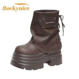 10CM Women Chunky Motorcycle Boots Autumn Hidden Heels Leather Sneakers Winter Waterproof Snow Boots High Platform Short Boots