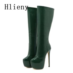 Hlieny Green Serpentine Knee-High Boots Women Thin High Heels Platform Round Toe Zipper Ladies Long Boot Female Shoes Size 35-42