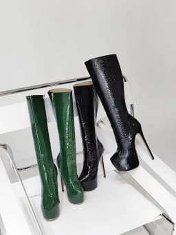 Hlieny Green Serpentine Knee-High Boots Women Thin High Heels Platform Round Toe Zipper Ladies Long Boot Female Shoes Size 35-42