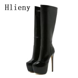 Hlieny Green Serpentine Knee-High Boots Women Thin High Heels Platform Round Toe Zipper Ladies Long Boot Female Shoes Size 35-42