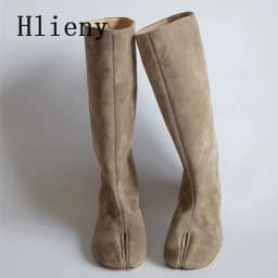 Hlieny Winter Street Style Fashion Split Toe Knee-High Boots Women Flat Heels Shoes Female Long Booties Zapatos De Mujer