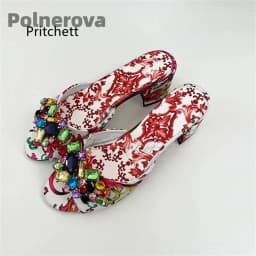 High Heels Prints Jewel Slippers for Women Bohemian Colorful Crystal Open-Toe Stiletto Blue Red Yellow Summer Vacation Shoes