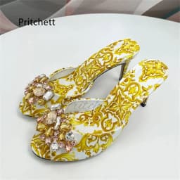 High Heels Prints Jewel Slippers for Women Bohemian Colorful Crystal Open-Toe Stiletto Blue Red Yellow Summer Vacation Shoes