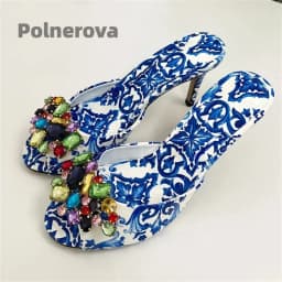 High Heels Prints Jewel Slippers for Women Bohemian Colorful Crystal Open-Toe Stiletto Blue Red Yellow Summer Vacation Shoes