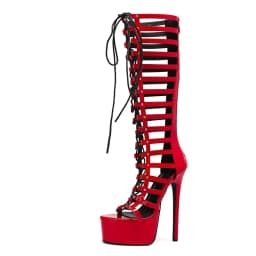 Liyke Fashion Hollow Out Cross Strap Knee High Boots Women Sandal Zip Sexy Peep Toe Platform Heels Shoes Female Red Long Booties