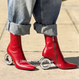 Metal Circle Heel Booties Novelty Designer Style Pointed Ankle Boots Full Length Inner Zipper Fashion Women Boots Custom Colors