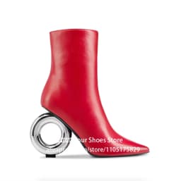 Metal Circle Heel Booties Novelty Designer Style Pointed Ankle Boots Full Length Inner Zipper Fashion Women Boots Custom Colors