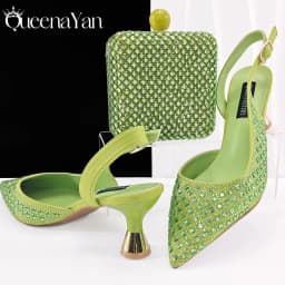 Queena Yan Glamorous Silver Color Occasions Party Wedding Lady Shoes and Bag Set In Stock Elegant Heels with Matching Purse