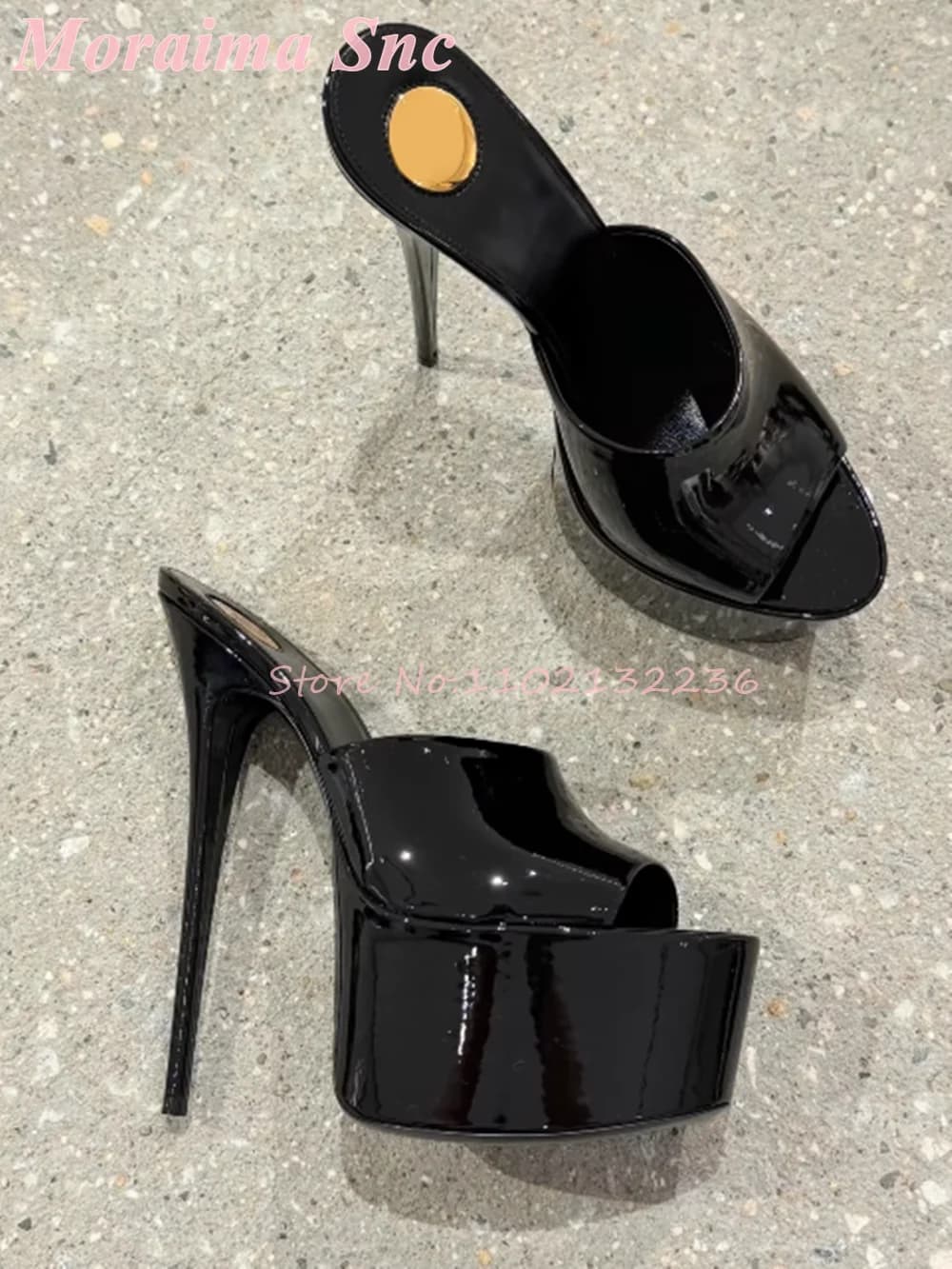 Patent Leather Peep Toe Platform Stiletto Mule Heels Slip On Super Slim High Heel Nightclub Parties Dating Nights Glam Evening