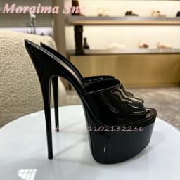 Patent Leather Peep Toe Platform Stiletto Mule Heels Slip On Super Slim High Heel Nightclub Parties Dating Nights Glam Evening