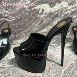Patent Leather Peep Toe Platform Stiletto Mule Heels Slip On Super Slim High Heel Nightclub Parties Dating Nights Glam Evening