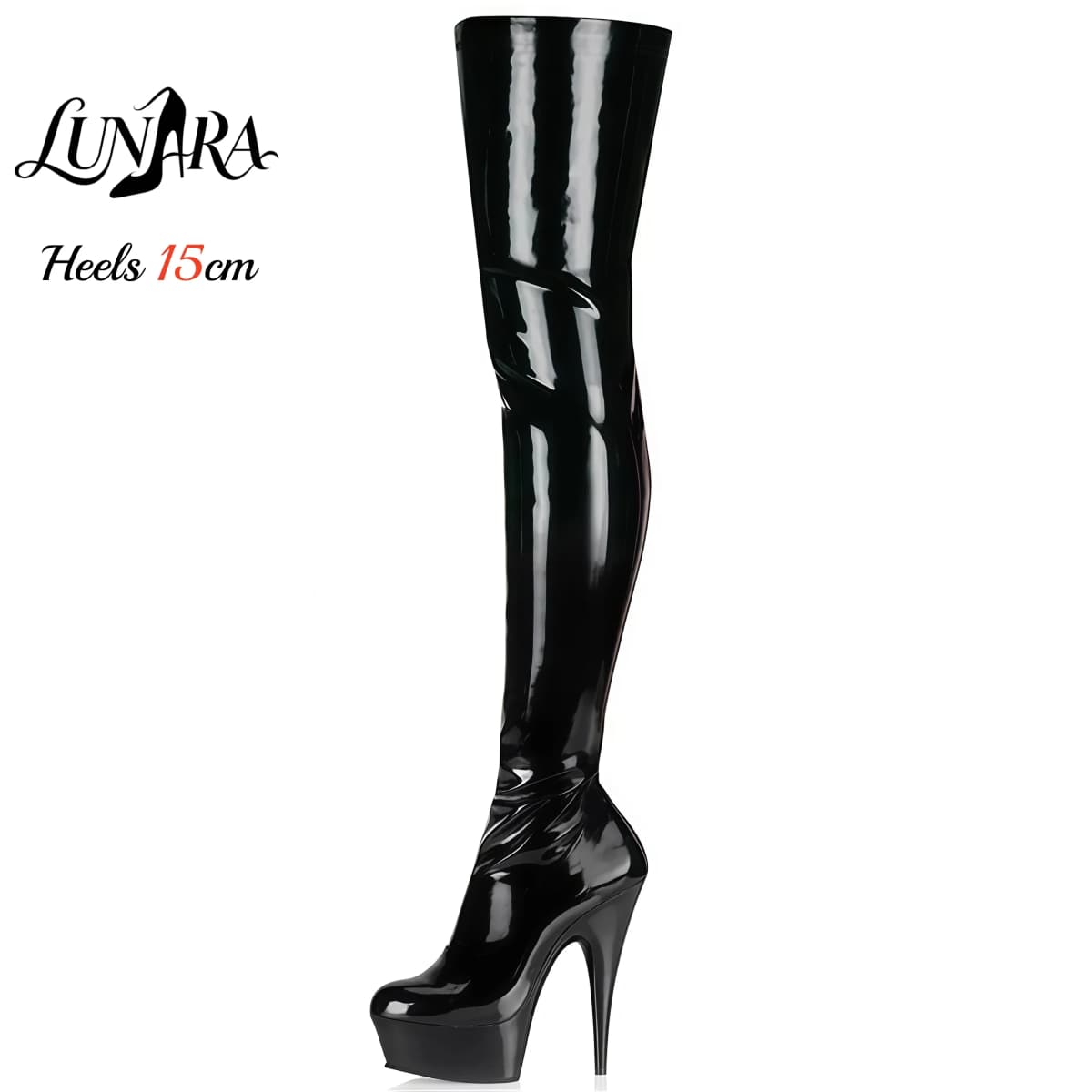 15cm/6Inch Black Patent Platform High Heel Thigh High Boots Lace-Up Zipper Non-slip Nightclub Pole Dance Ladies Rave Stage Goth