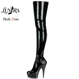 15cm/6Inch Black Patent Platform High Heel Thigh High Boots Lace-Up Zipper Non-slip Nightclub Pole Dance Ladies Rave Stage Goth