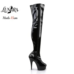15cm/6Inch Black Patent Platform High Heel Thigh High Boots Lace-Up Zipper Non-slip Nightclub Pole Dance Ladies Rave Stage Goth