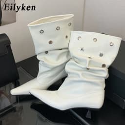 Eilyken Designer Pleated Hollow Out Button Women Ankle Boots Fashion Pointed Toe Thin Low Heels Party Dress Shoes