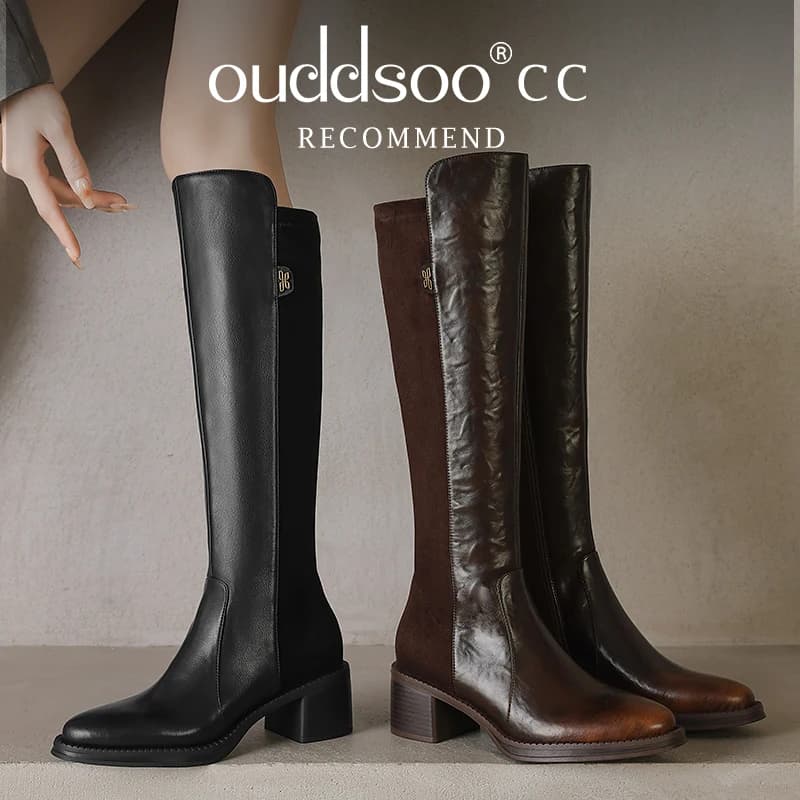 Ods Women's genuine leather flock patchwork side zip autumn winter knee high knight boots 5cm thick med heel casual female long