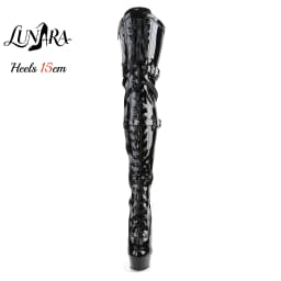 15cm/6Inch Black Patent Platform High Heel Thigh High Boots Lace-Up Buckle Zipper Non-slip Gothic Performance Pole Dance Ladies