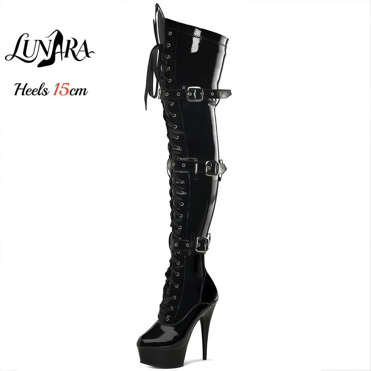 15cm/6Inch Black Patent Platform High Heel Thigh High Boots Lace-Up Buckle Zipper Non-slip Gothic Performance Pole Dance Ladies