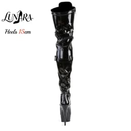 15cm/6Inch Black Patent Platform High Heel Thigh High Boots Lace-Up Buckle Zipper Non-slip Gothic Performance Pole Dance Ladies