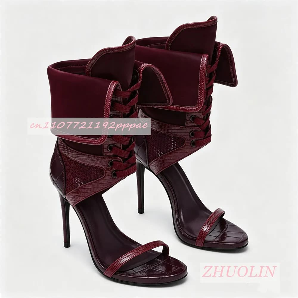 Women Burgundy Open Toe Ankle Boots Stiletto Heel Lace Up Boots Patent Leather Statement Shoes Backless Evening Fashion Footwear
