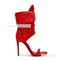 Women Burgundy Open Toe Ankle Boots Stiletto Heel Lace Up Boots Patent Leather Statement Shoes Backless Evening Fashion Footwear