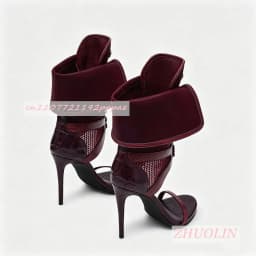 Women Burgundy Open Toe Ankle Boots Stiletto Heel Lace Up Boots Patent Leather Statement Shoes Backless Evening Fashion Footwear