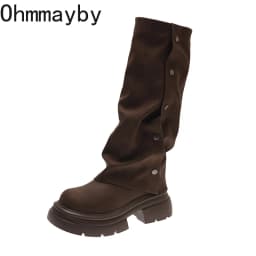 Autumn Winter Platform Chunky Sole Woman Knee High Boots Concise Side Metal Buttons Slip On Shoes Streetwear Daily Long Booties