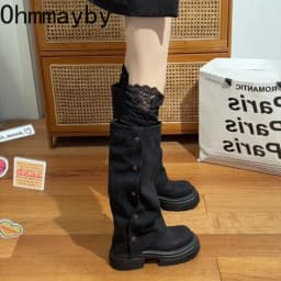 Autumn Winter Platform Chunky Sole Woman Knee High Boots Concise Side Metal Buttons Slip On Shoes Streetwear Daily Long Booties
