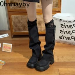 Autumn Winter Platform Chunky Sole Woman Knee High Boots Concise Side Metal Buttons Slip On Shoes Streetwear Daily Long Booties