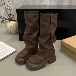 Autumn Winter Platform Chunky Sole Woman Knee High Boots Concise Side Metal Buttons Slip On Shoes Streetwear Daily Long Booties