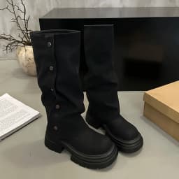 Autumn Winter Platform Chunky Sole Woman Knee High Boots Concise Side Metal Buttons Slip On Shoes Streetwear Daily Long Booties
