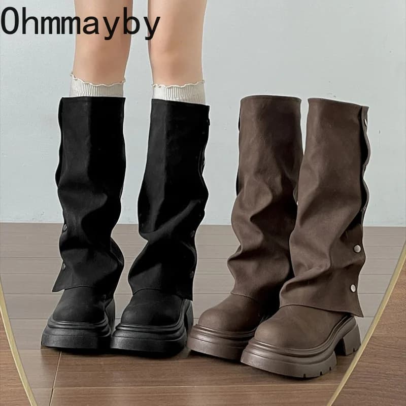 Autumn Winter Platform Chunky Sole Woman Knee High Boots Concise Side Metal Buttons Slip On Shoes Streetwear Daily Long Booties