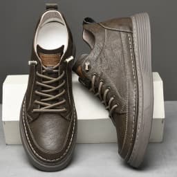 Italian Brand Men's Genuine Leather Casual Shoes Fashionable Beige Men's Hiking Shoes Camping High Top Shoes Big Size：36-47