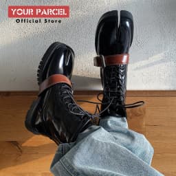 Tabi boots for men's autumn and winter casual short leather boots unisex lace up high cut split toe leather shoes for women
