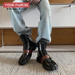 Tabi boots for men's autumn and winter casual short leather boots unisex lace up high cut split toe leather shoes for women